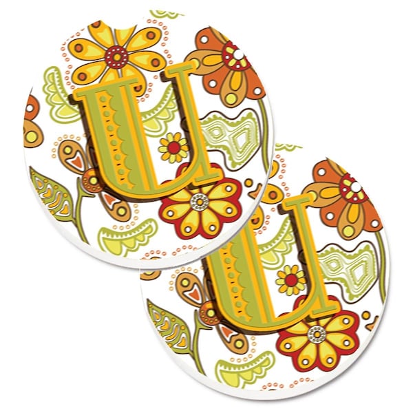 Carolines Treasures Letter U Floral Mustard and Green Set of 2 Cup Holder Car Coaster CJ2003-UCARC - main